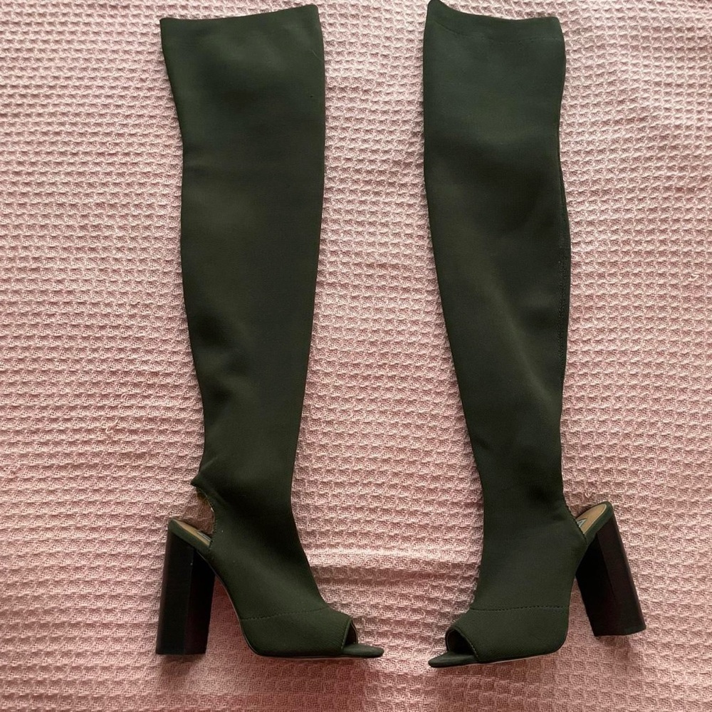 Steve Madden knee-high sock boots with open toe